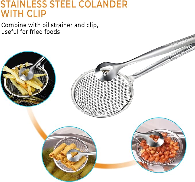 2 IN 1 FRYING TONG | Imported Small Multi-functional 2 in 1 Fry Tool Filter Spoon Strainer With Clip, Oil Frying BBQ Filter Stainless Steel Mesh