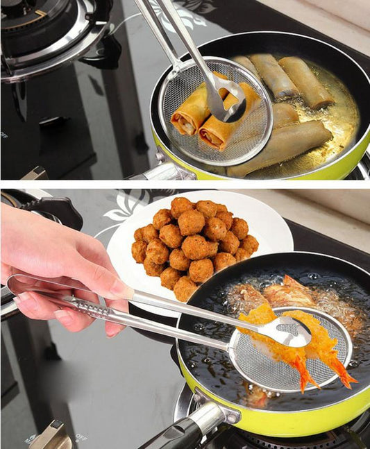 2 IN 1 FRYING TONG | Imported Small Multi-functional 2 in 1 Fry Tool Filter Spoon Strainer With Clip, Oil Frying BBQ Filter Stainless Steel Mesh